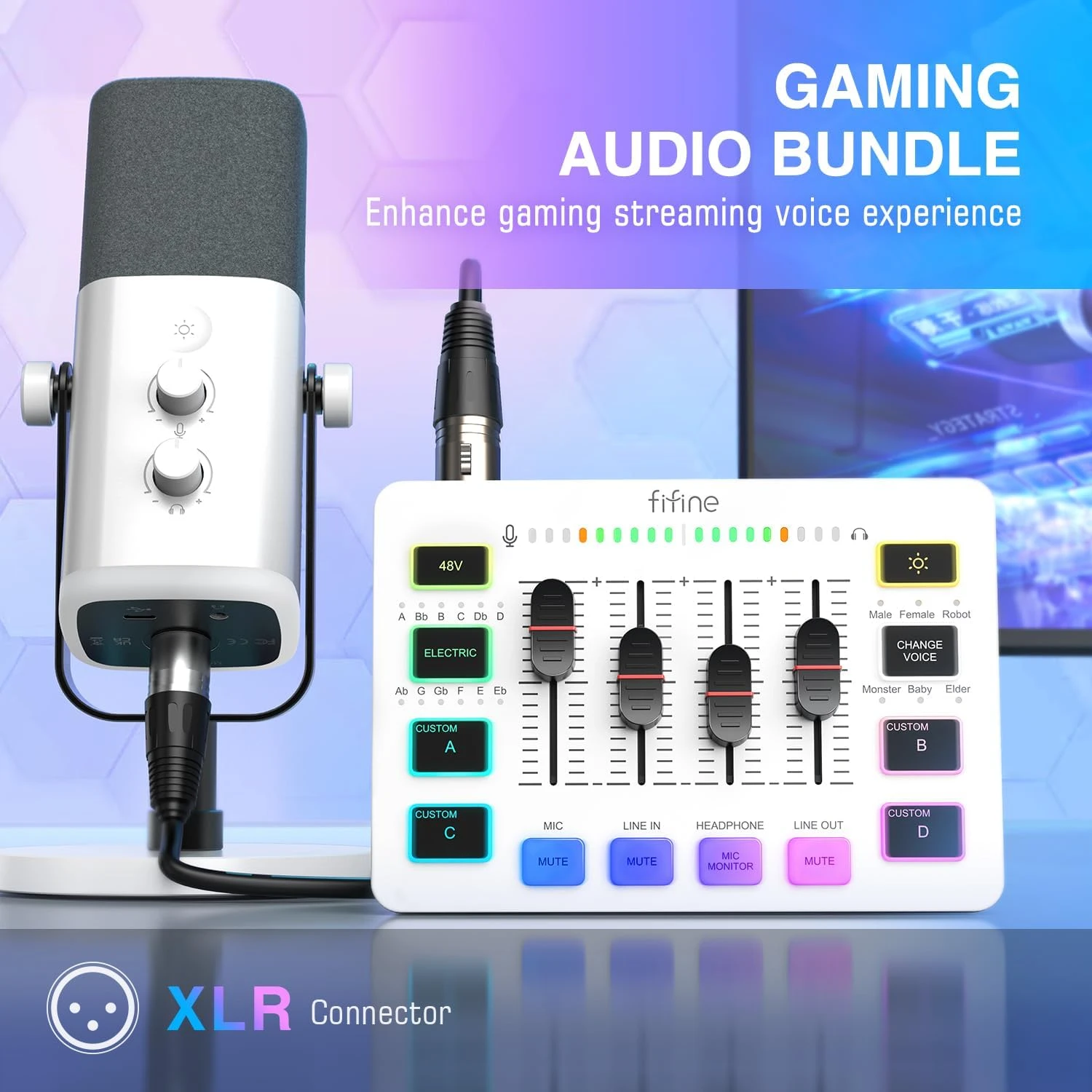 FIFINE AmpliGame KS5W Rinkinys | AM8 mikrofonas | SC3 žaidimų garso maišytuvas | L9 XLR kabelis aprašymas - Prekės nuotrauka