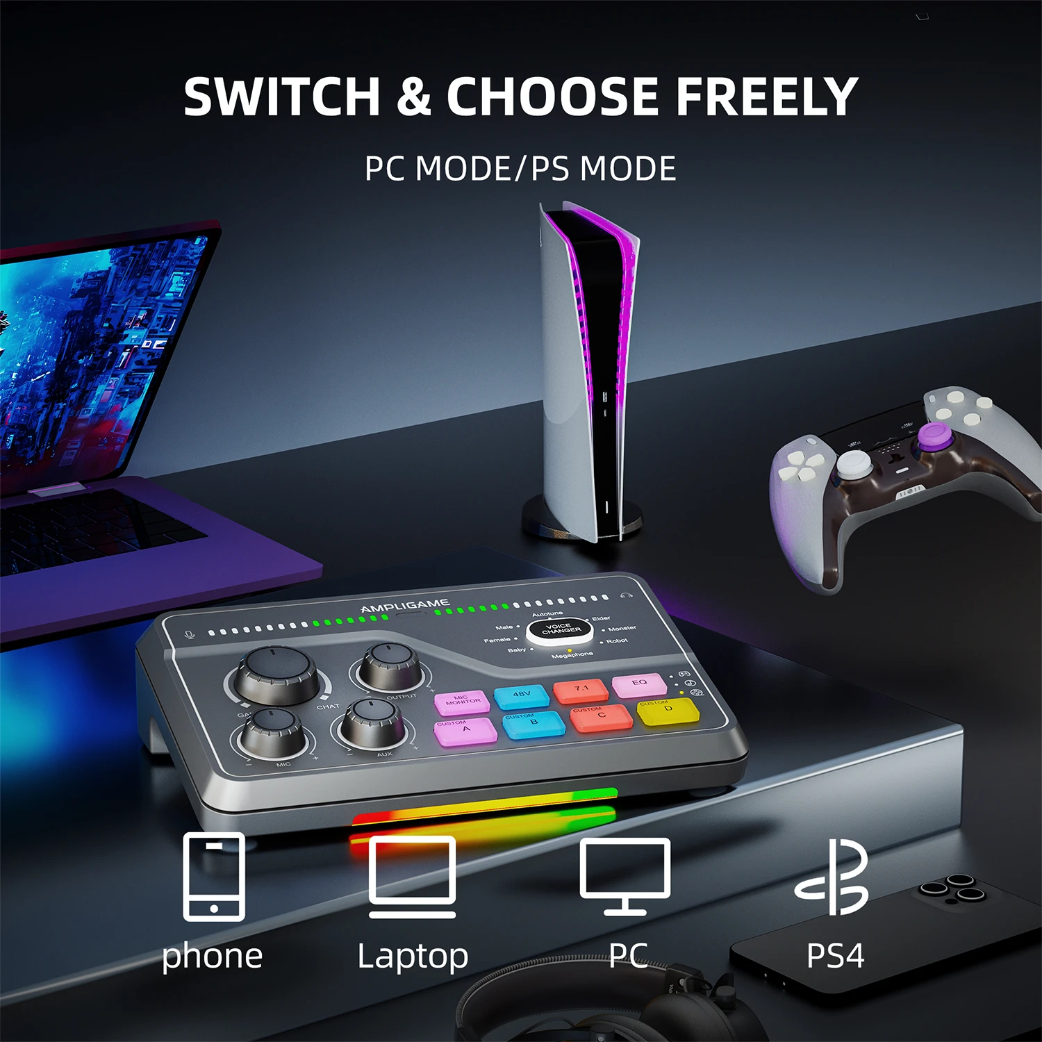 FIFINE AmpliGame SC8W Audio mikšerinis pultas | USB aprašymas - Prekės nuotrauka