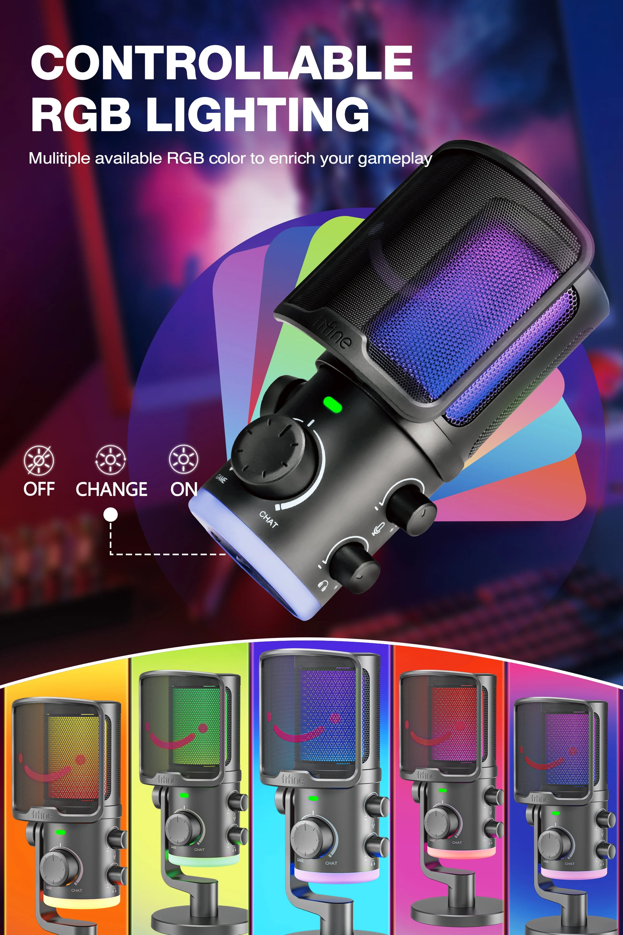 FIFINE AmpliGame TAM6 laidinis mikrofonas su stovu ir RGB apšvietimu | USB aprašymas - Prekės nuotrauka