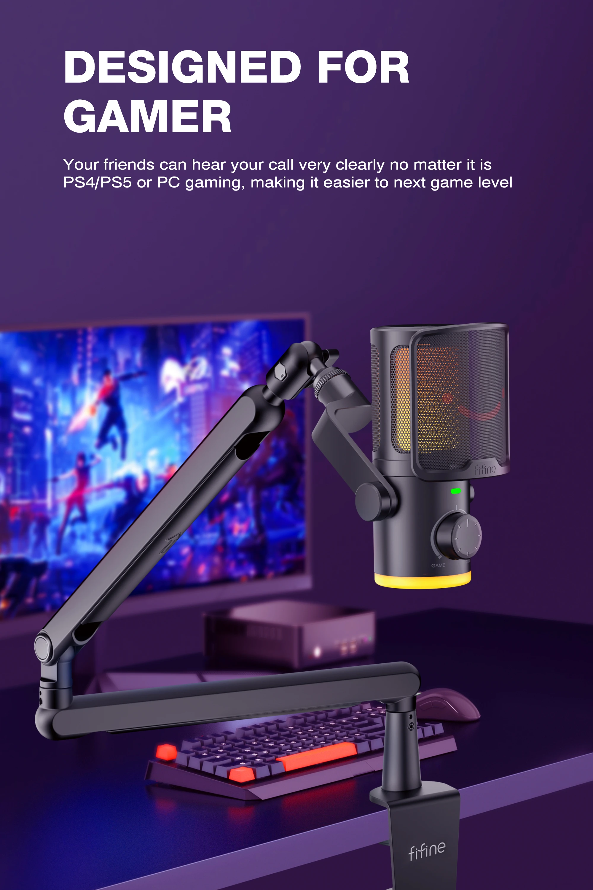 FIFINE AmpliGame TAM6 laidinis mikrofonas su stovu ir RGB apšvietimu | USB aprašymas - Prekės nuotrauka