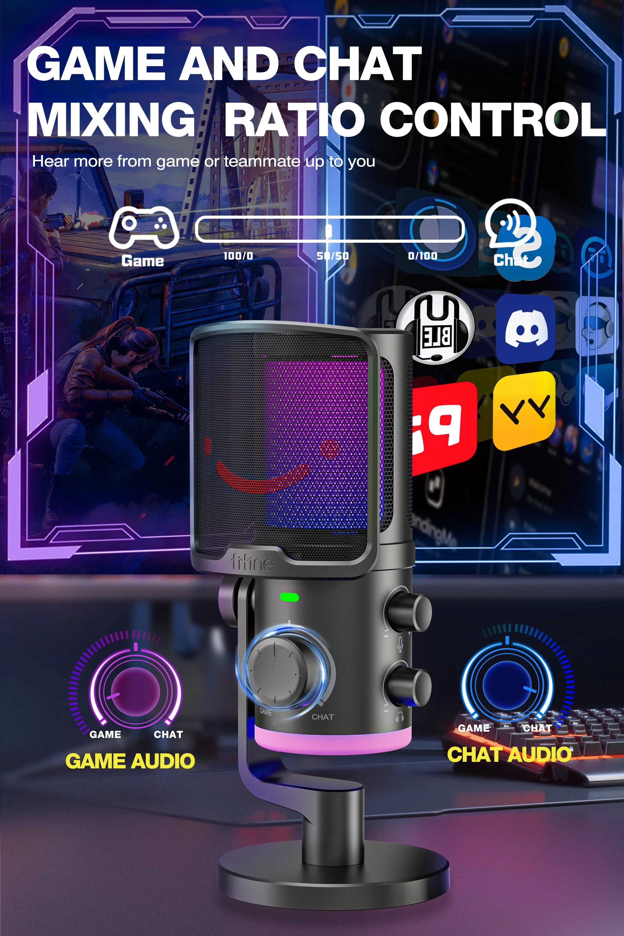 FIFINE AmpliGame TAM6 laidinis mikrofonas su stovu ir RGB apšvietimu | USB aprašymas - Prekės nuotrauka