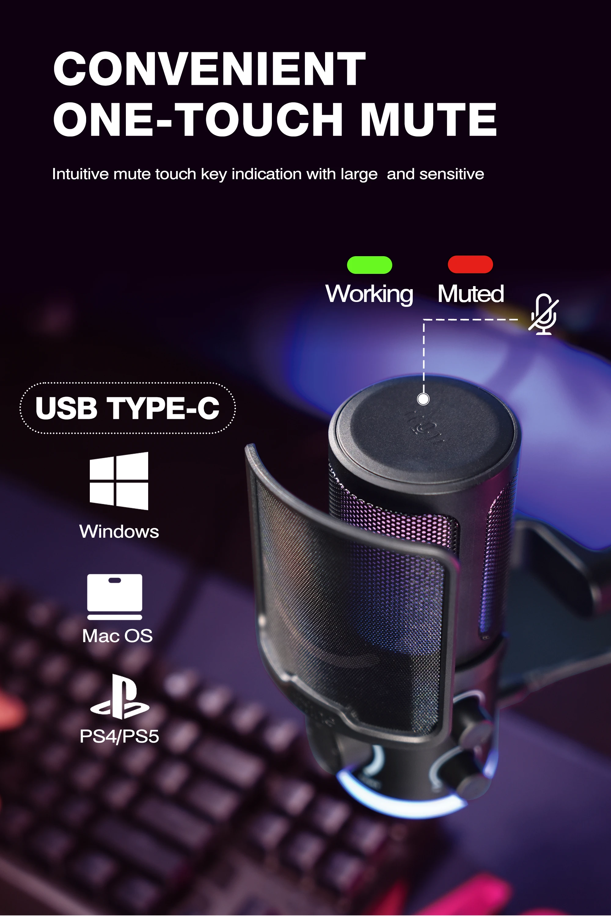 FIFINE AmpliGame TAM6 laidinis mikrofonas su stovu ir RGB apšvietimu | USB aprašymas - Prekės nuotrauka