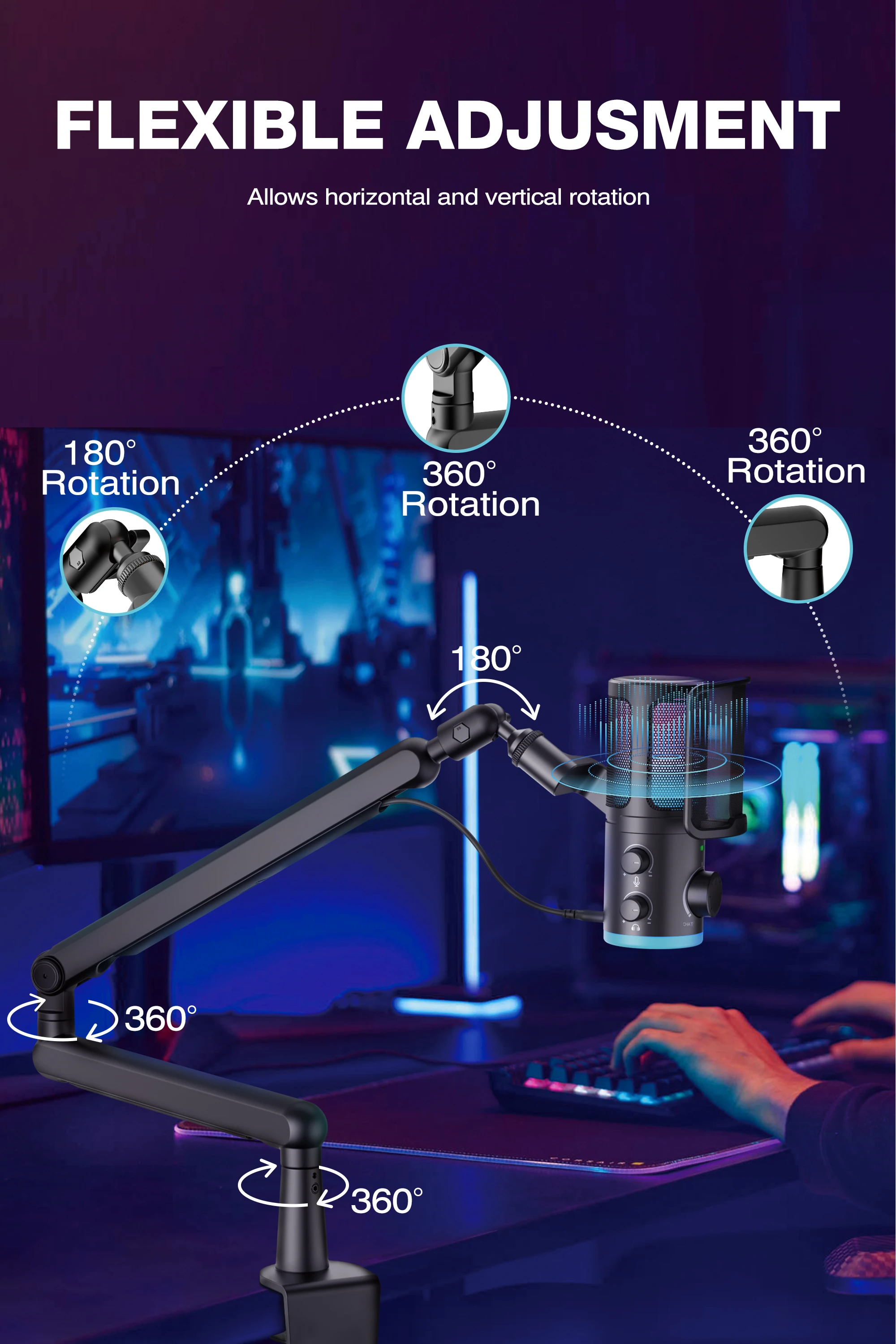 FIFINE AmpliGame TAM6 laidinis mikrofonas su stovu ir RGB apšvietimu | USB aprašymas - Prekės nuotrauka