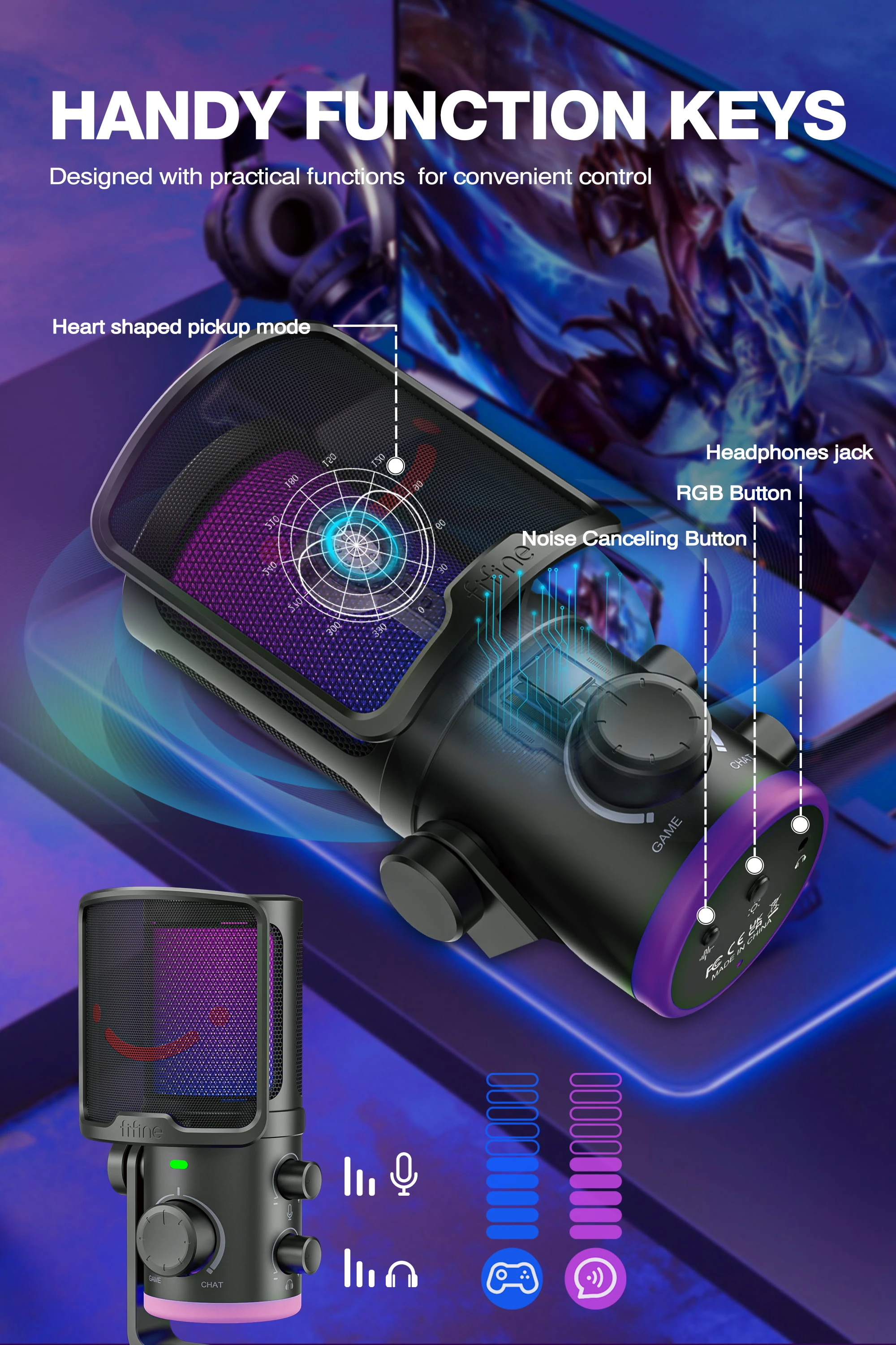 FIFINE AmpliGame TAM6 laidinis mikrofonas su stovu ir RGB apšvietimu | USB aprašymas - Prekės nuotrauka