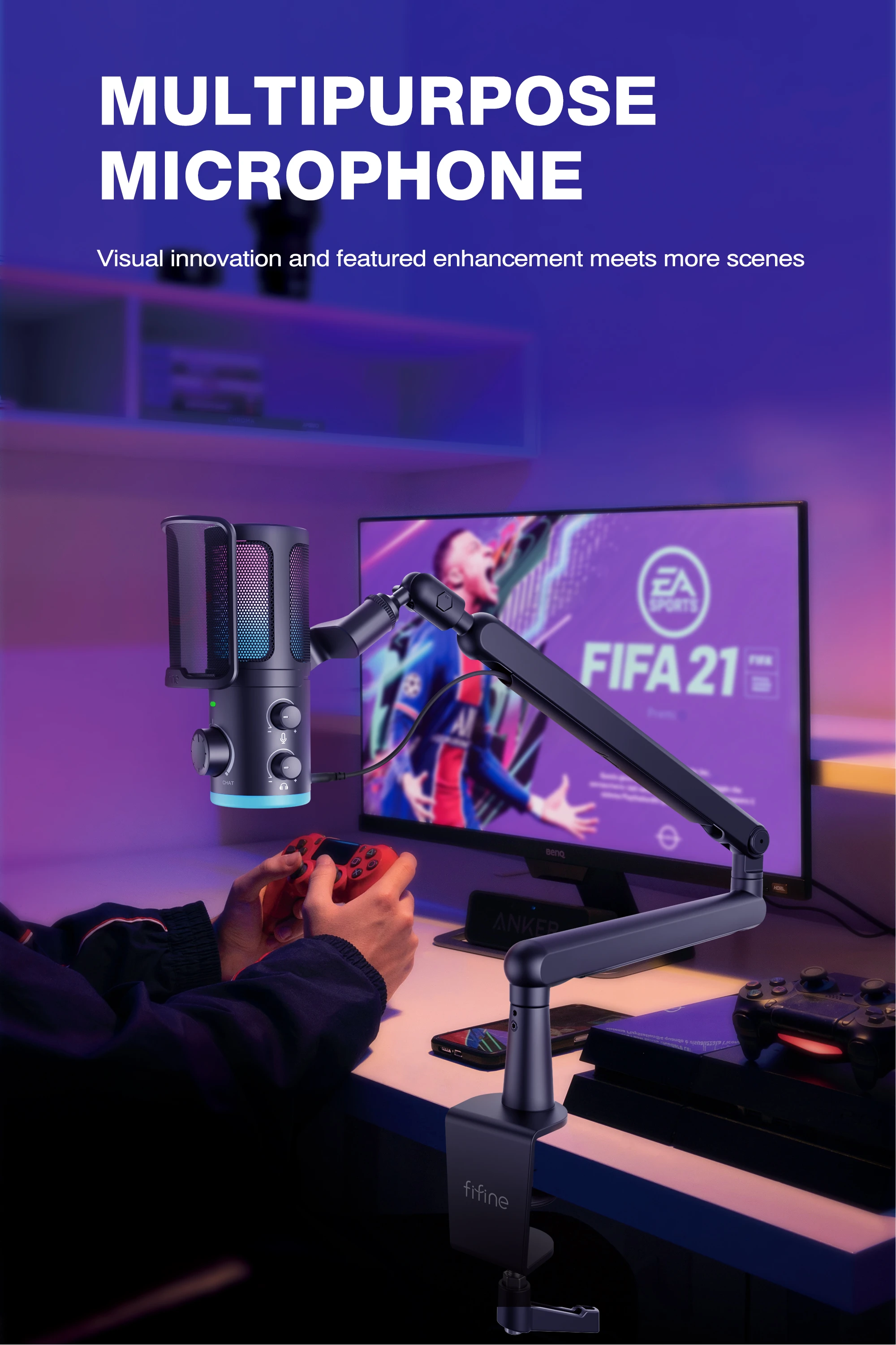 FIFINE AmpliGame TAM6 laidinis mikrofonas su stovu ir RGB apšvietimu | USB aprašymas - Prekės nuotrauka