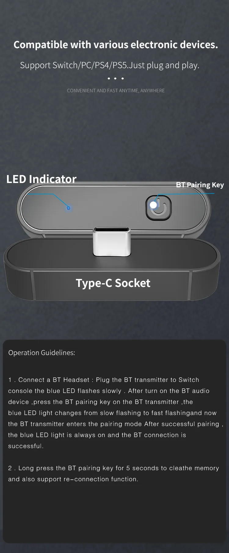 HONSON Switch/Switch Lite Bluetooth Transmitter aprašymas - Prekės nuotrauka