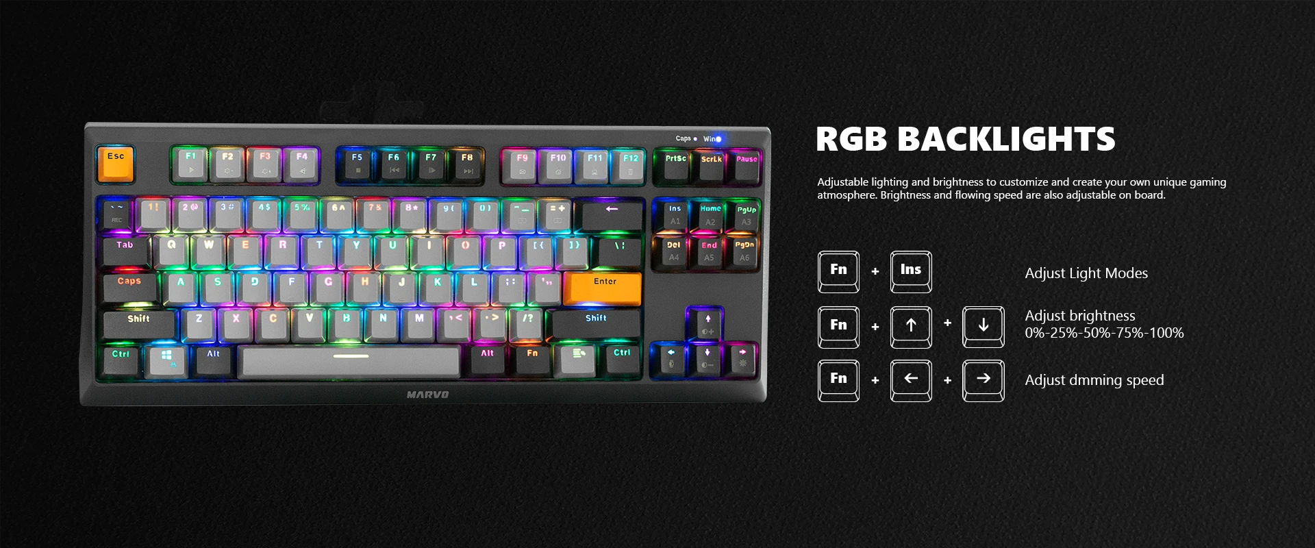 Marvo KG980B TKL mechaninė klaviatūra su RGB (Hot-Swap, US, Mėlyna switch) aprašymas - Prekės nuotrauka