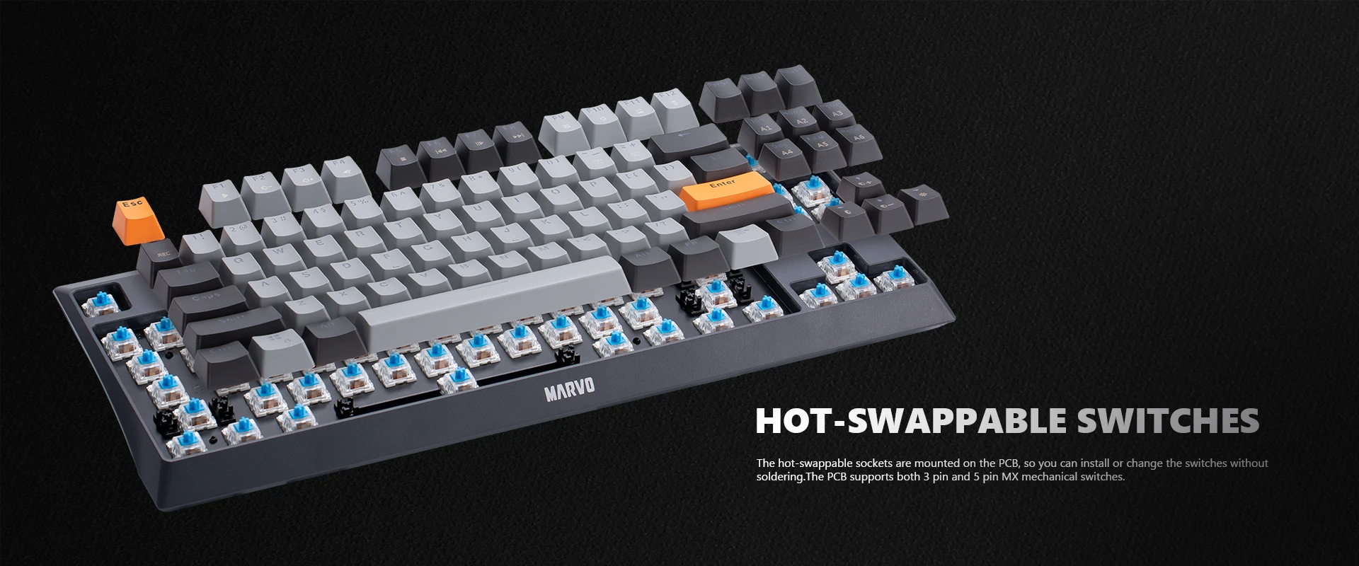 Marvo KG980B TKL mechaninė klaviatūra su RGB (Hot-Swap, US, Mėlyna switch) aprašymas - Prekės nuotrauka