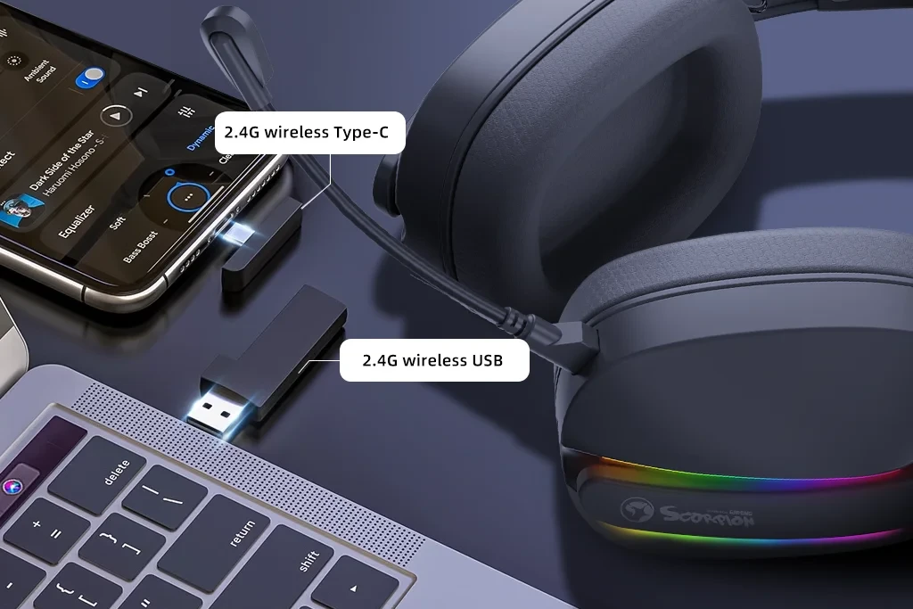 Marvo Pulz 70W WH belaidės žaidimų RGB ausinės (Baltos) aprašymas - Prekės nuotrauka Marvo Pulz 70W WH belaidės žaidimų RGB ausinės (Baltos) aprašymas - Prekės nuotrauka