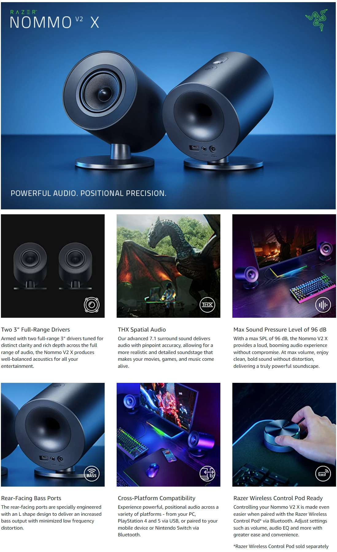 Kompiuterio kolonėlės Razer | Žaidimų garsiakalbiai | Nommo V2 X - 2.0 | Bluetooth | Juodas aprašymas - Prekės nuotrauka Kompiuterio kolonėlės Razer | Žaidimų garsiakalbiai | Nommo V2 X - 2.0 | Bluetooth | Juodas aprašymas - Prekės nuotrauka