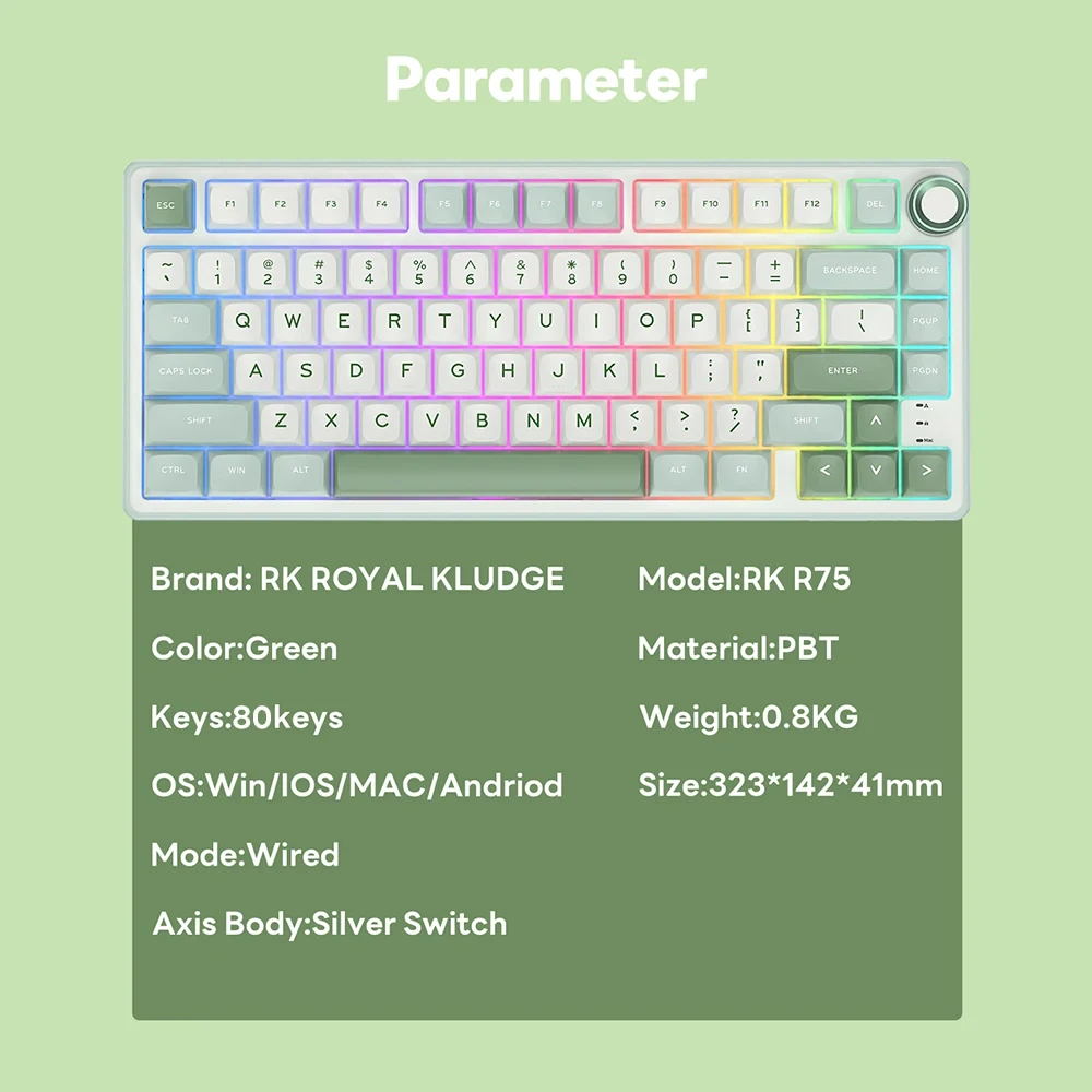 Royal Kludge RK R75 RGB Blackberry laidinė klaviatūra | 75%, Hot-swap, Sidabrinis switches, US aprašymas - Prekės nuotrauka