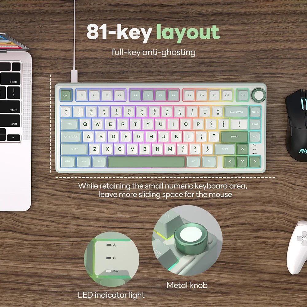 Royal Kludge RK R75 RGB Blackberry laidinė klaviatūra | 75%, Hot-swap, Sidabrinis switches, US aprašymas - Prekės nuotrauka
