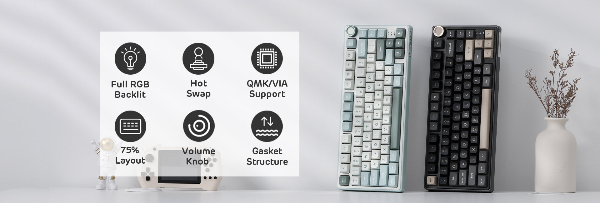 Royal Kludge RK R75 RGB Sky Cyan laidinė klaviatūra | 75%, Hot-swap, Mėlyna switches, US aprašymas - Prekės nuotrauka