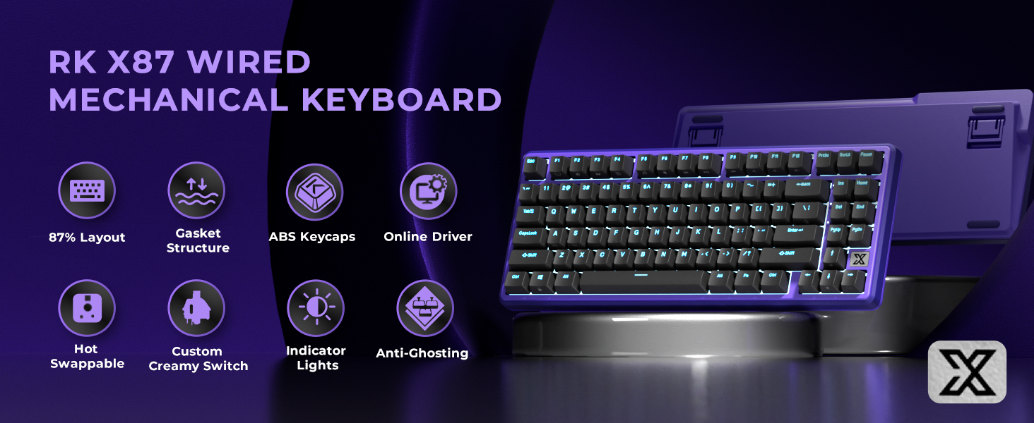 Royal Kludge RK X87 Blackberry Mousse laidinė klaviatūra| 87%, Hot-swap, Kreminis switches aprašymas - Prekės nuotrauka