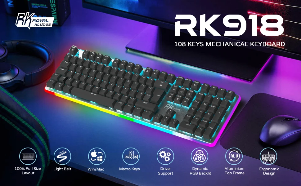 Royal Kludge RK918 RGB juoda laidinė mechaninė klaviatūra | 100%, Raudona switches, US aprašymas - Prekės nuotrauka Royal Kludge RK918 RGB juoda laidinė mechaninė klaviatūra | 100%, Raudona switches, US aprašymas - Prekės nuotrauka