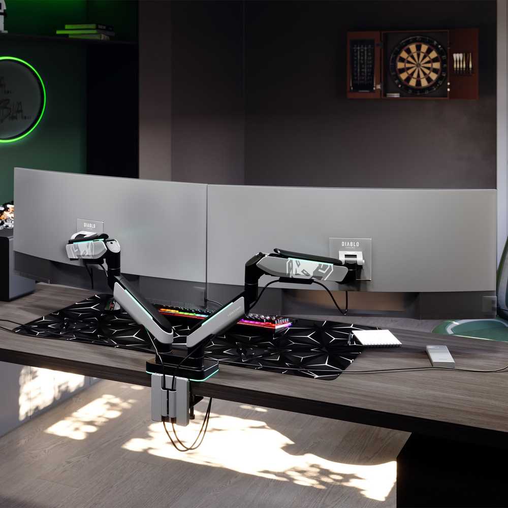 Diablo Chairs Diablo dvigubas monitoriaus laikiklis 49 colių ekranams | Pilka-juoda RGB X-Arm Dual