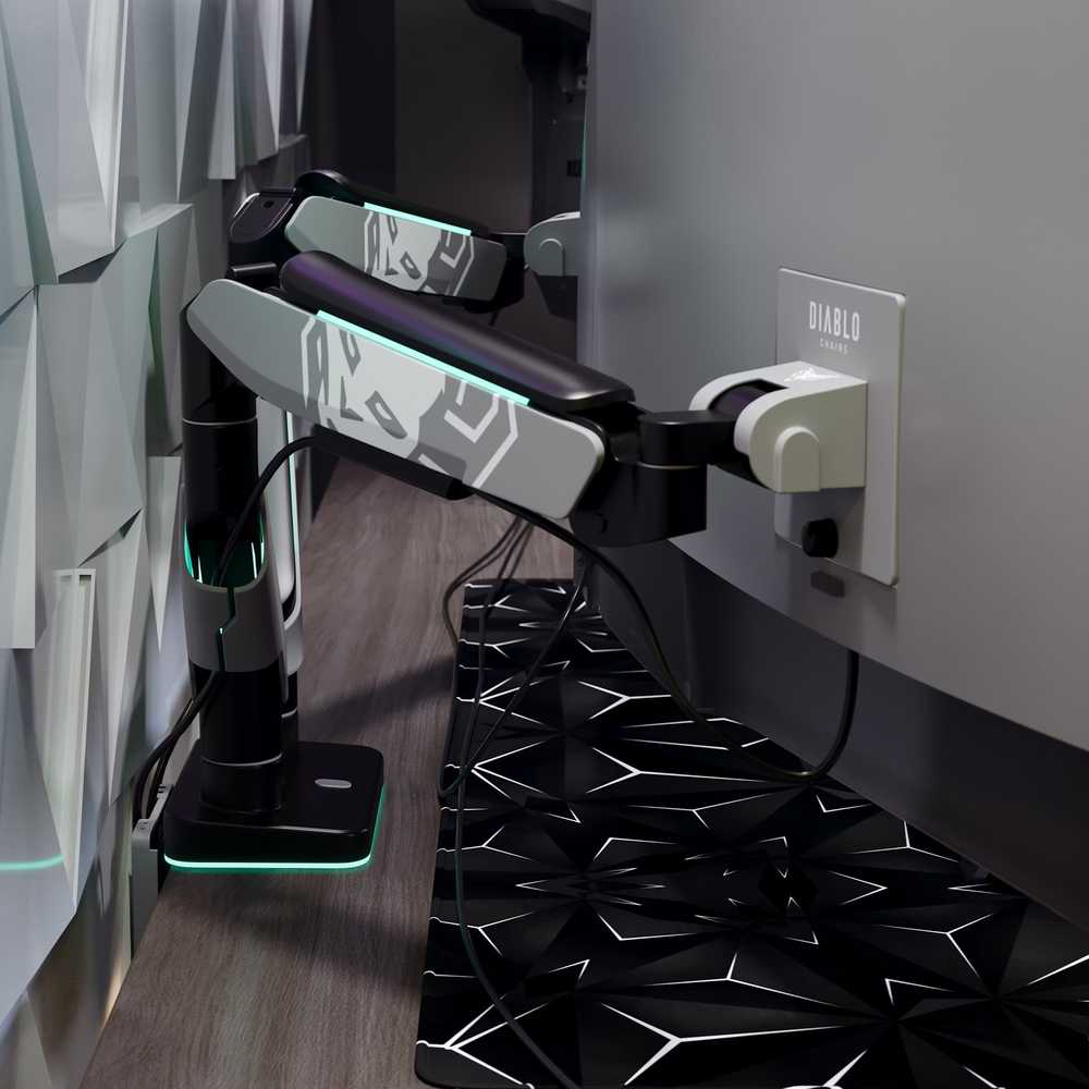 Diablo Chairs Diablo dvigubas monitoriaus laikiklis 49 colių ekranams | Pilka-juoda RGB X-Arm Dual