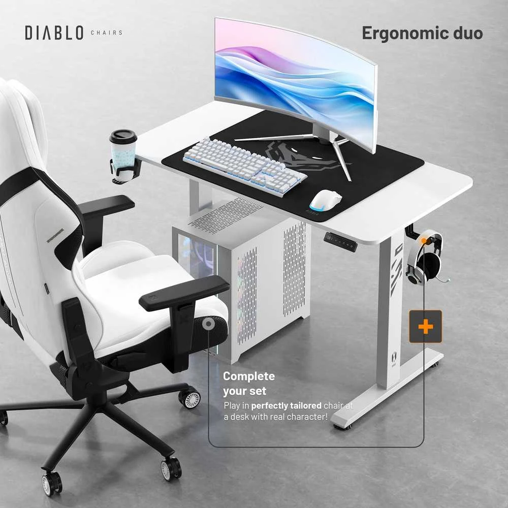 Diablo Chairs Diablo X-Tension 1100 Baltas elektra reguliuojamas Žaidimų Stalas | 1100 x 600 x 1170 mm