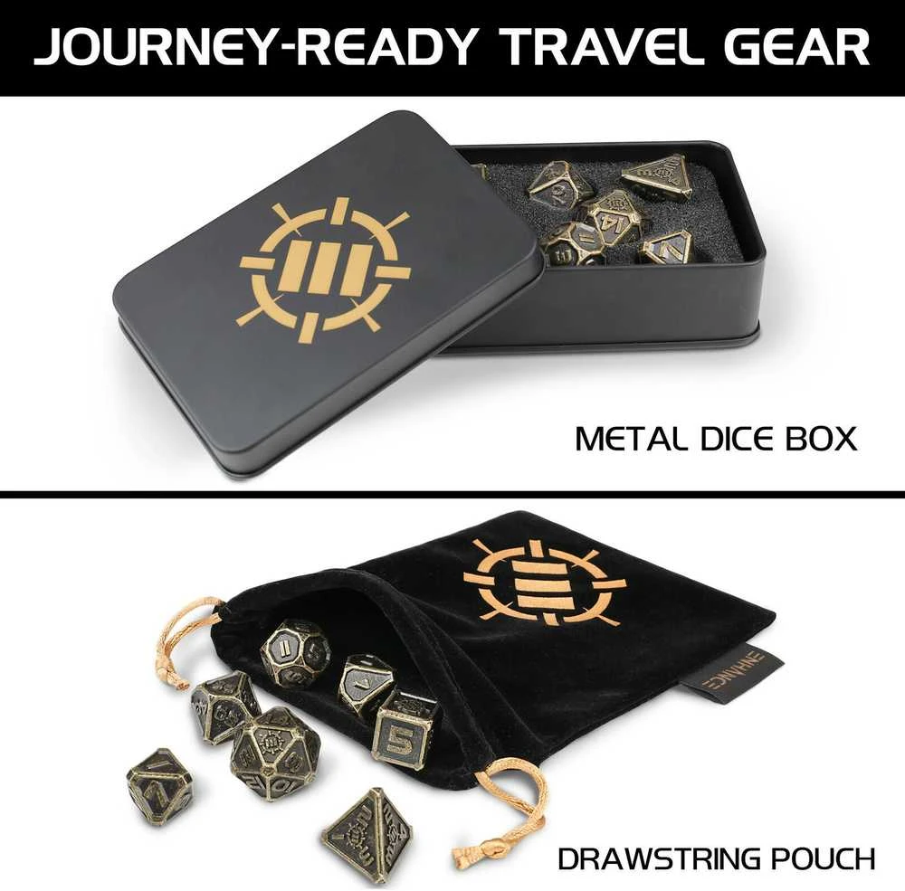 Enhance Tabletop RPGs 7pc Metal Dice Set with Case and Dice Bag