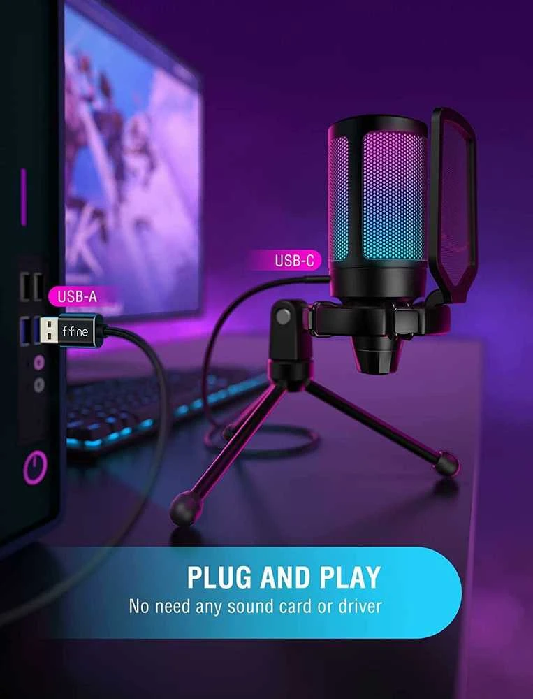 FIFINE A6V kardioidinis laidinis mikrofonas (juodas) su RGB | USB