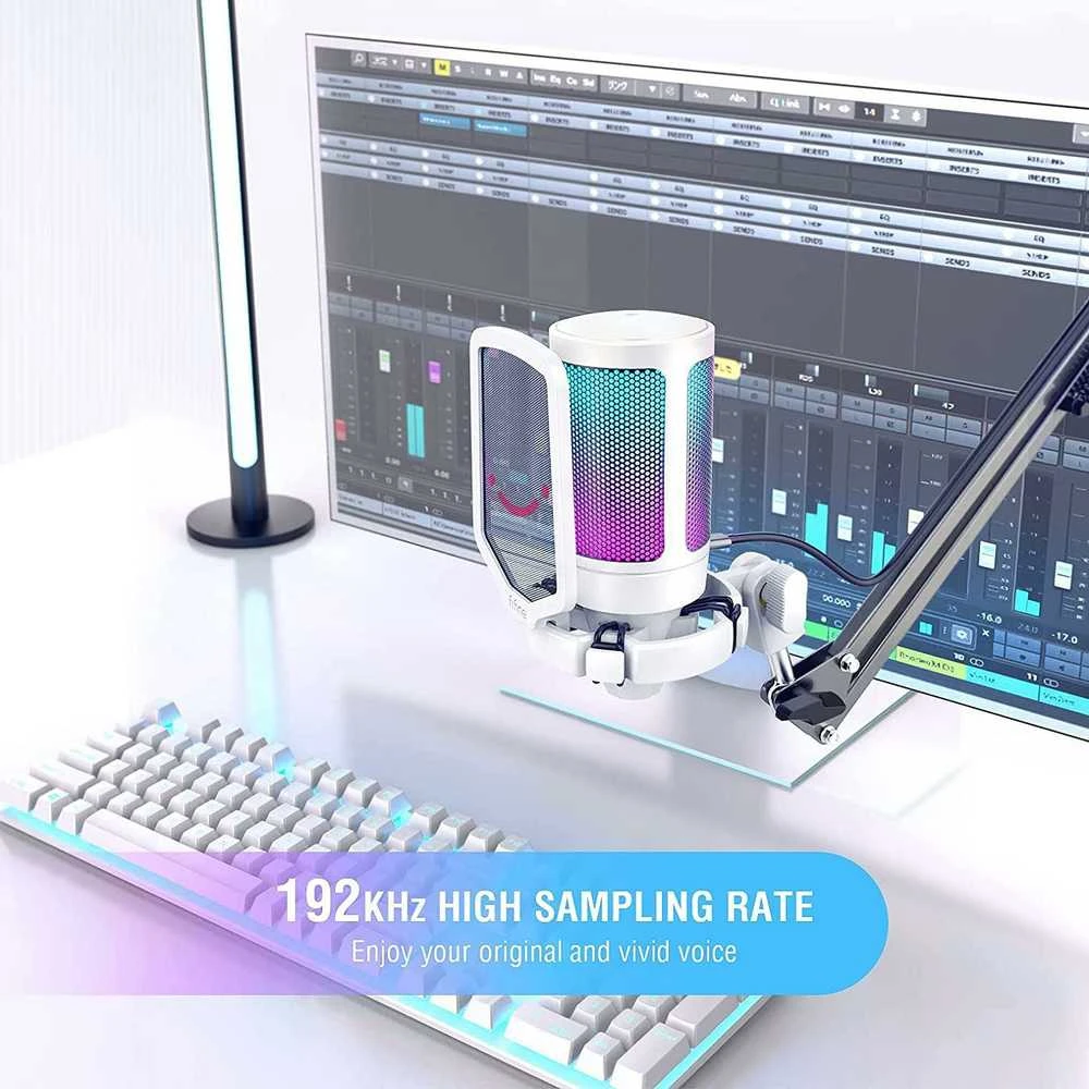 FIFINE A6V kardioidinis laidinis mikrofonas (baltas) su RGB | USB