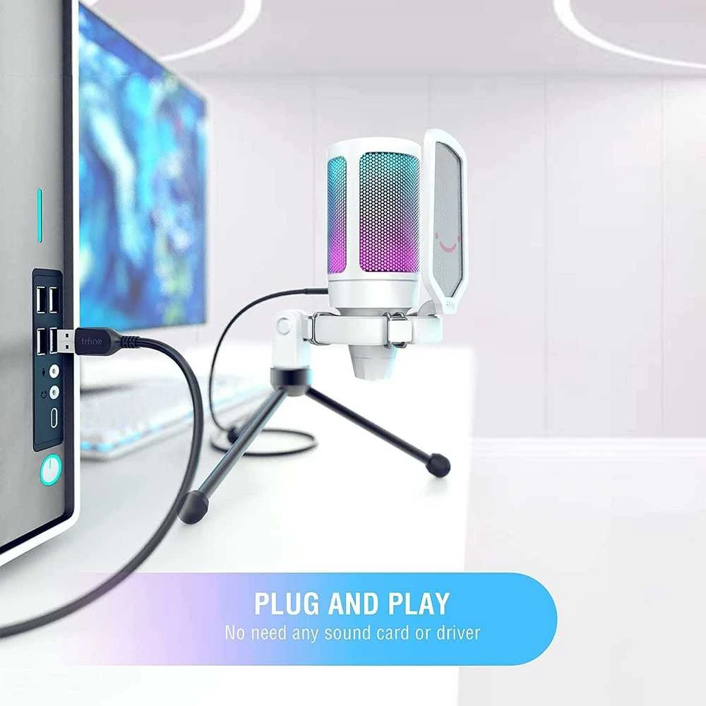 FIFINE A6V kardioidinis laidinis mikrofonas (baltas) su RGB | USB