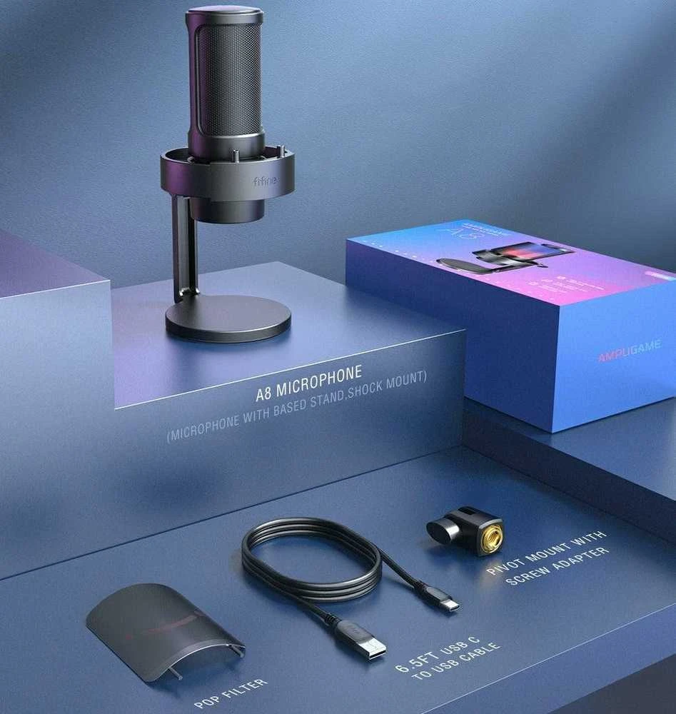 FIFINE Ampligame A8 laidinis mikrofonas su RGB apšvietimu | USB