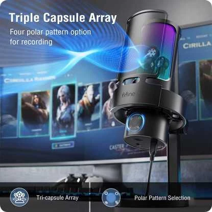 Fifine Technology FIFINE Ampligame A8Plus laidinis mikrofonas su RGB apšvietimu | USB