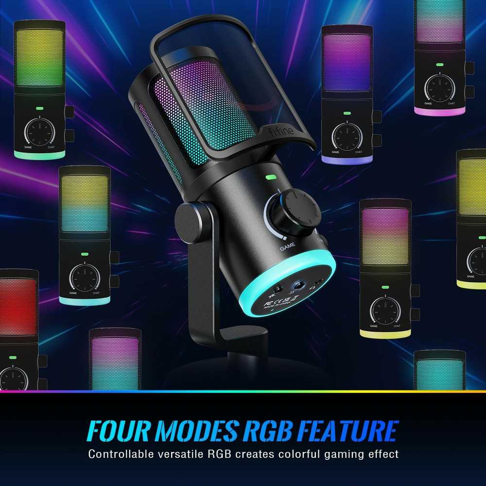 FIFINE AmpliGame AM6 laidinis mikrofonas su RGB apšvietimu USB