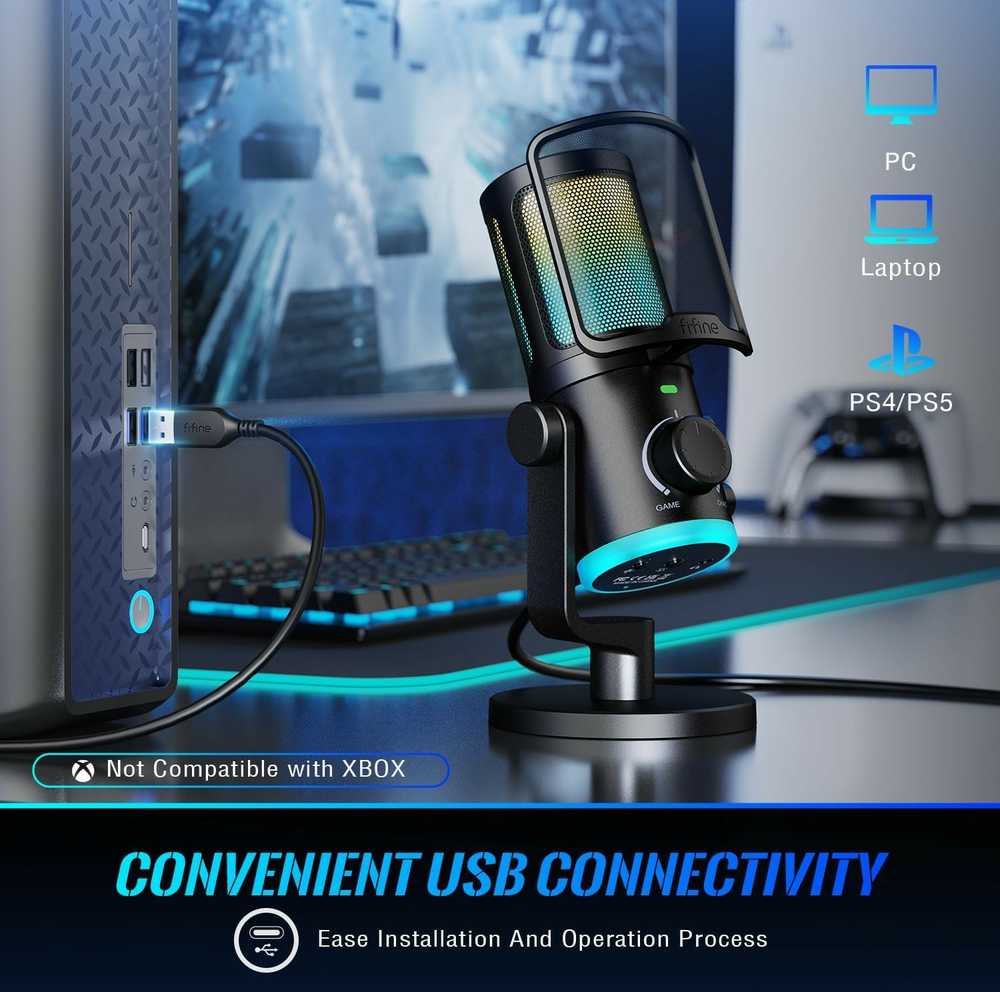 FIFINE AmpliGame AM6 laidinis mikrofonas su RGB apšvietimu USB