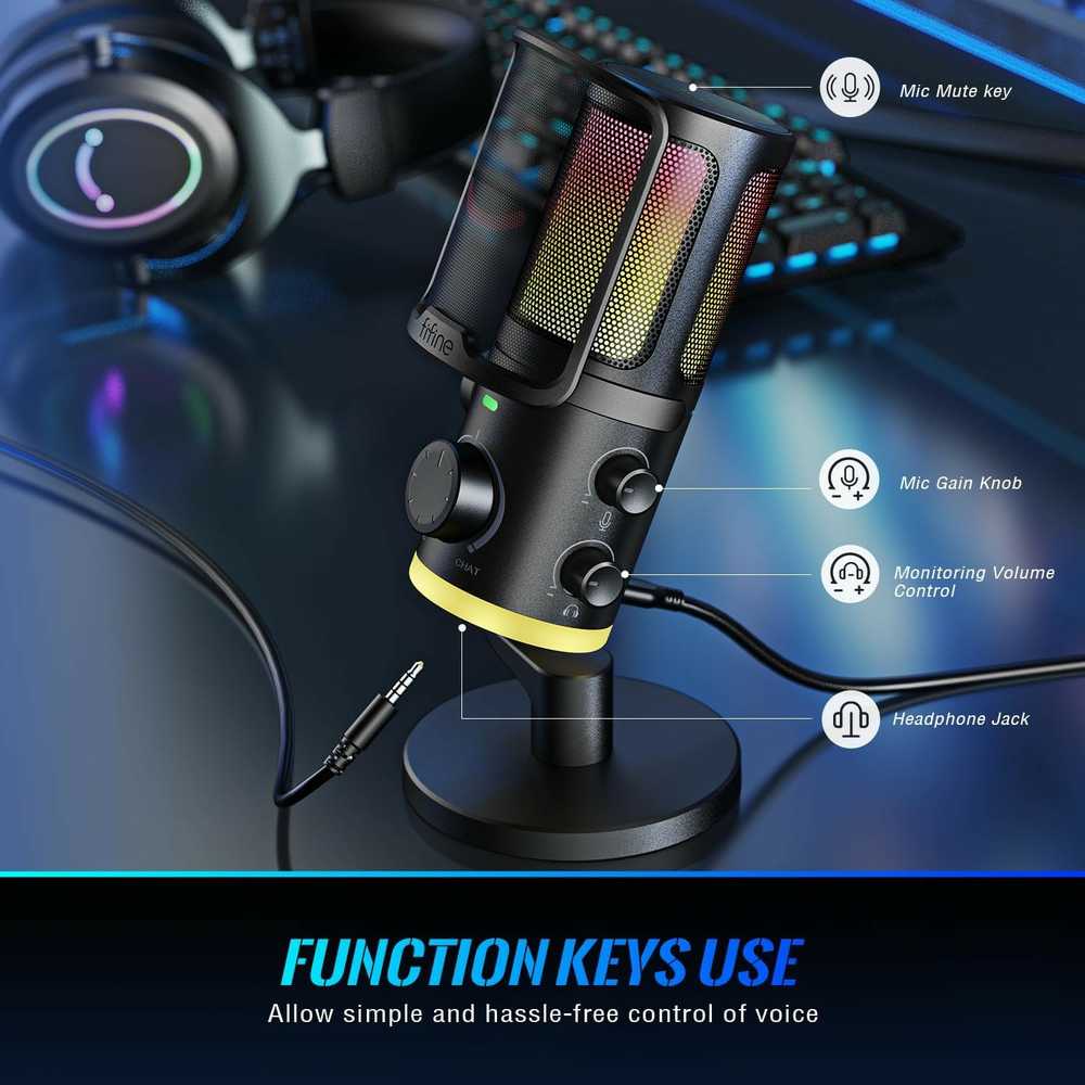 FIFINE AmpliGame AM6 laidinis mikrofonas su RGB apšvietimu USB