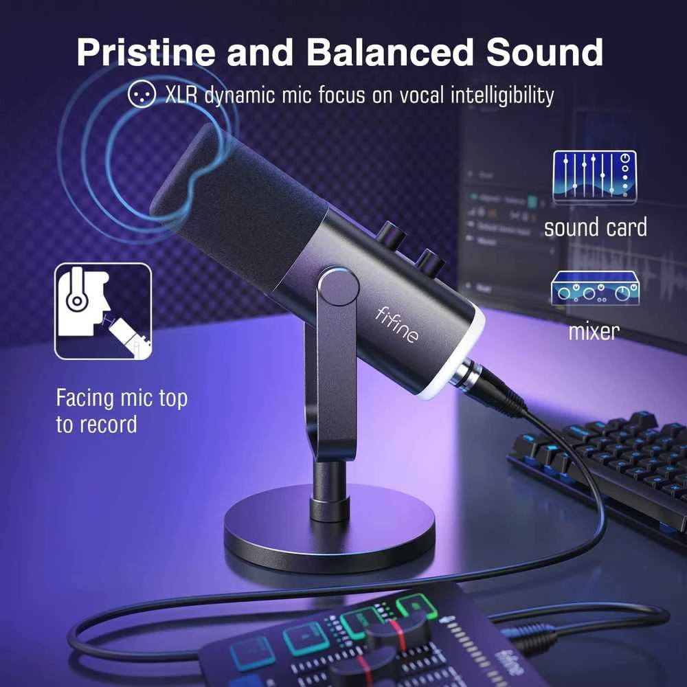 FIFINE AmpliGame AM8 laidinis mikrofonas su RGB apšvietimu USB/XLR