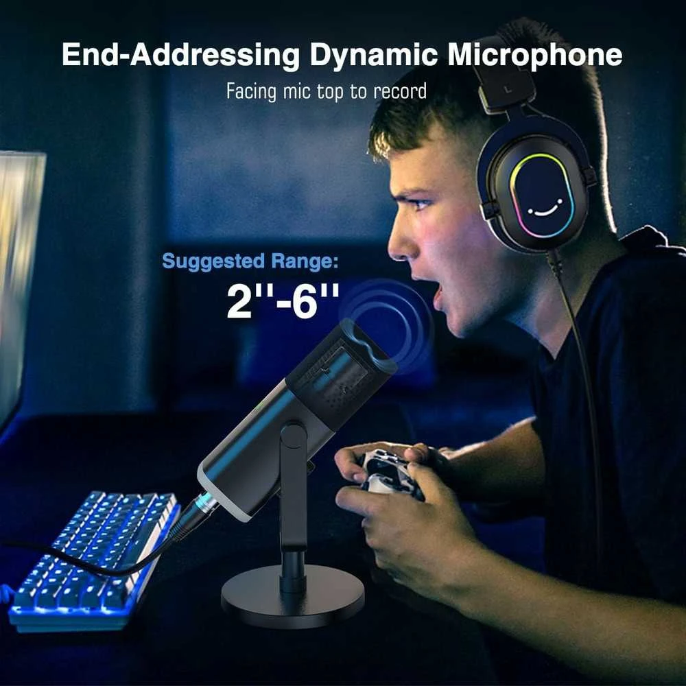 FIFINE AmpliGame AM8 laidinis mikrofonas su RGB apšvietimu USB/XLR