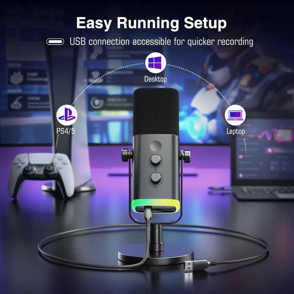 FIFINE AmpliGame AM8 laidinis mikrofonas su RGB apšvietimu USB/XLR