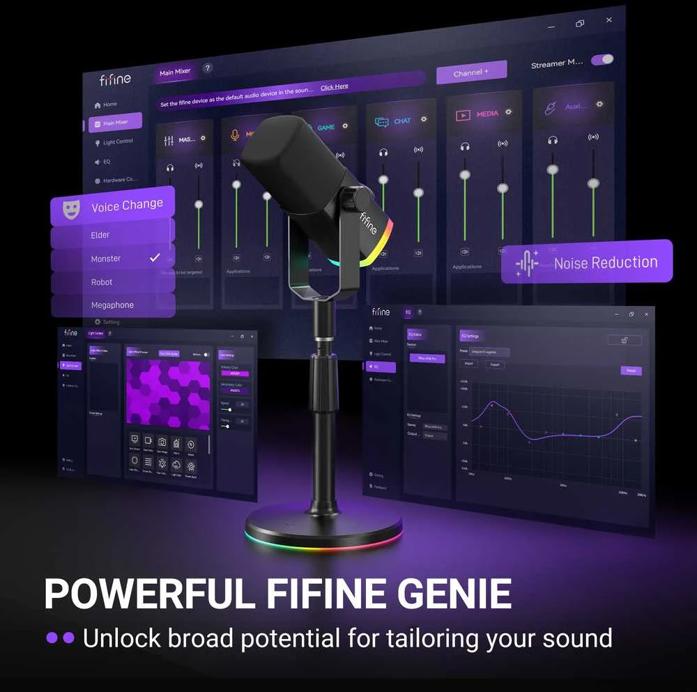 FIFINE AmpliGame AM8 PROS laidinis mikrofonas su stovu ir RGB apšvietimu USB/XLR