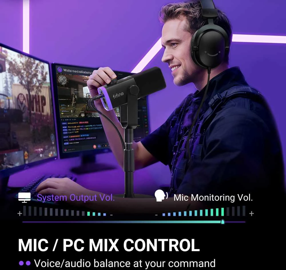 FIFINE AmpliGame AM8 PROS laidinis mikrofonas su stovu ir RGB apšvietimu USB/XLR