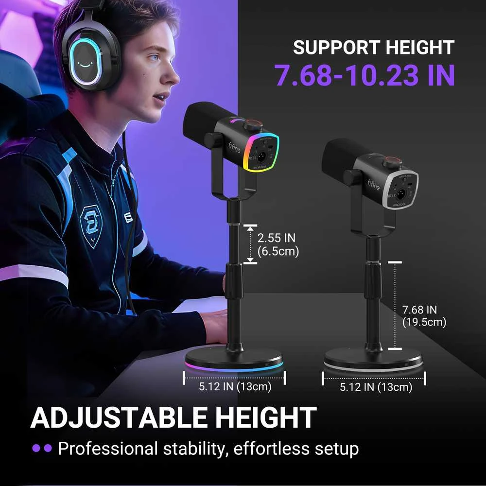 FIFINE AmpliGame AM8 PROS laidinis mikrofonas su stovu ir RGB apšvietimu USB/XLR