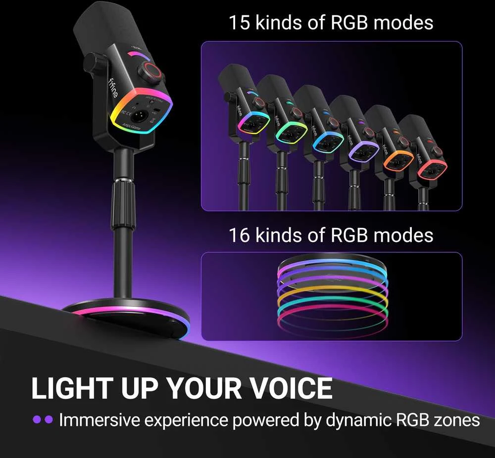 FIFINE AmpliGame AM8 PROS laidinis mikrofonas su stovu ir RGB apšvietimu USB/XLR