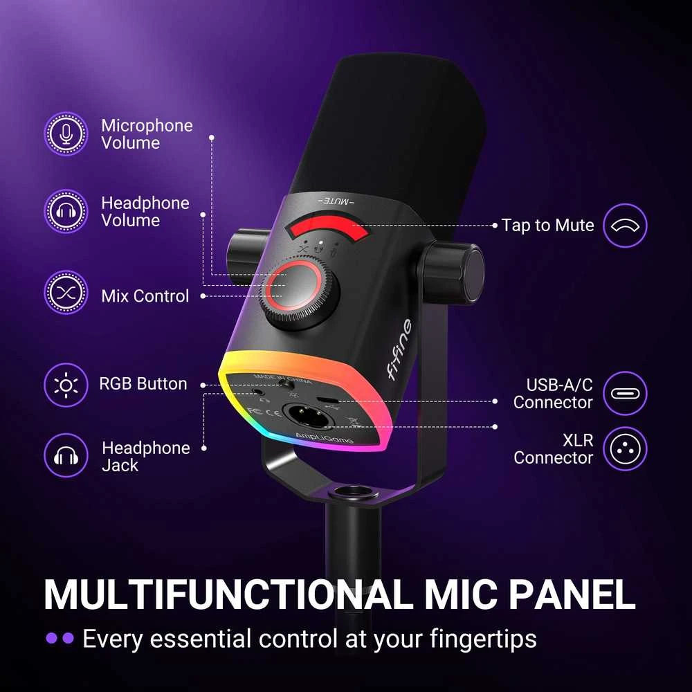 FIFINE AmpliGame AM8 PROS laidinis mikrofonas su stovu ir RGB apšvietimu USB/XLR