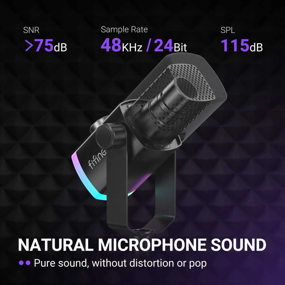 FIFINE AmpliGame AM8 PROS laidinis mikrofonas su stovu ir RGB apšvietimu USB/XLR