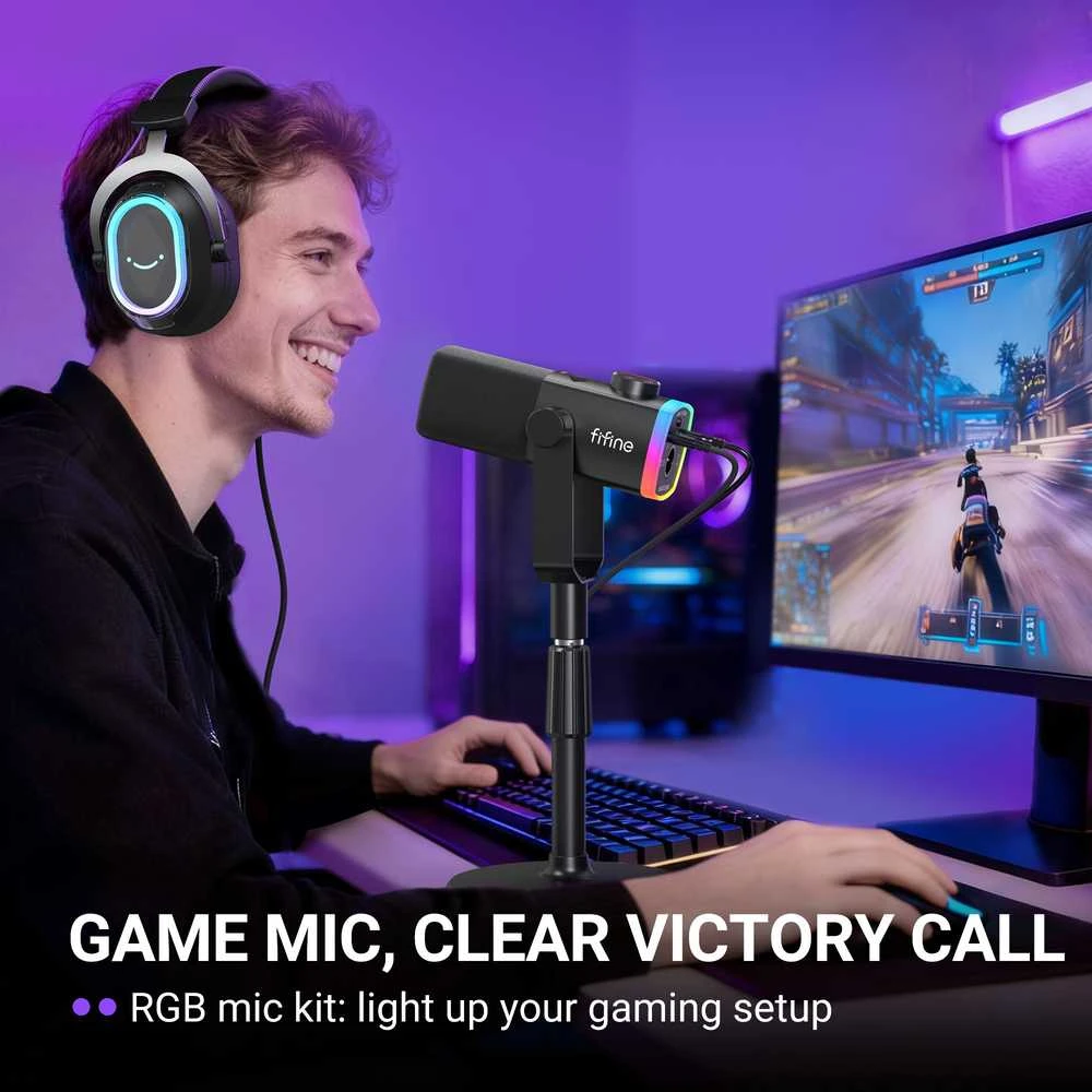 FIFINE AmpliGame AM8 PROS laidinis mikrofonas su stovu ir RGB apšvietimu USB/XLR