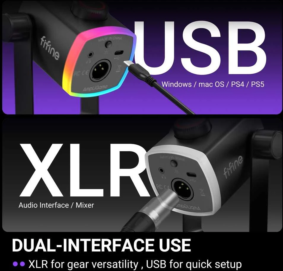 FIFINE AmpliGame AM8 PROS laidinis mikrofonas su stovu ir RGB apšvietimu USB/XLR