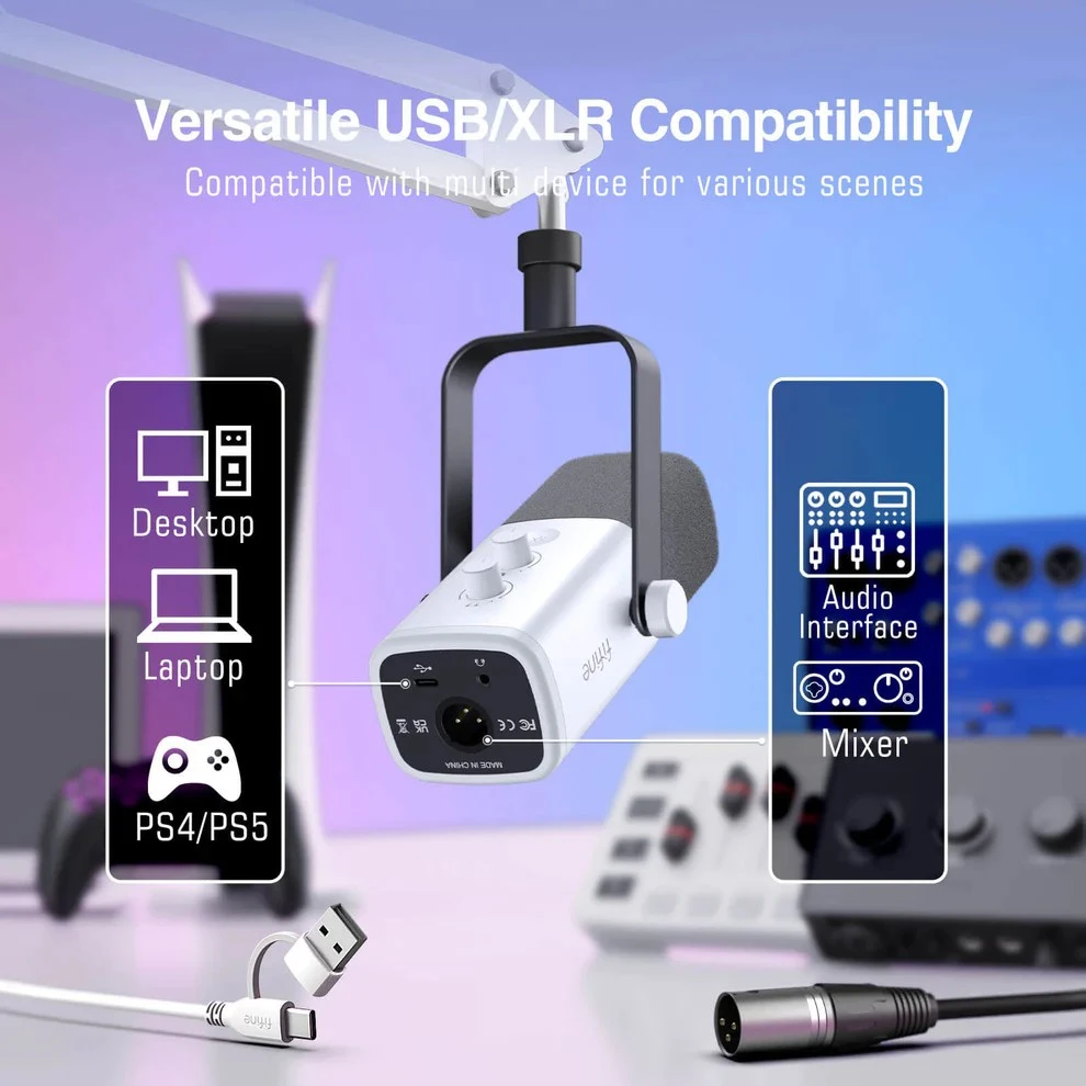 FIFINE AmpliGame AM8T Baltas laidinis mikrofonas su stovu ir RGB apšvietimu | USB/XLR
