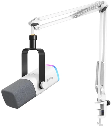 FIFINE AmpliGame AM8T Baltas laidinis mikrofonas su stovu ir RGB apšvietimu | USB/XLR