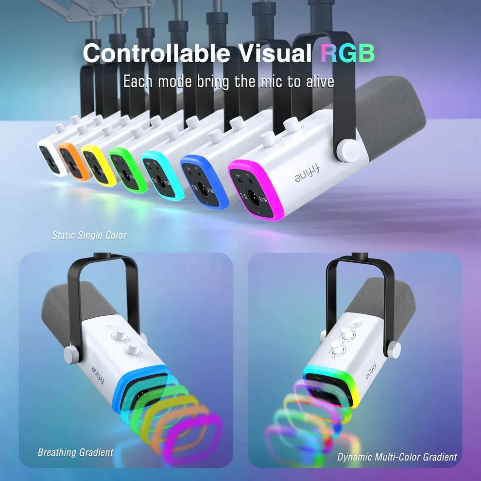 FIFINE AmpliGame AM8T Baltas laidinis mikrofonas su stovu ir RGB apšvietimu | USB/XLR