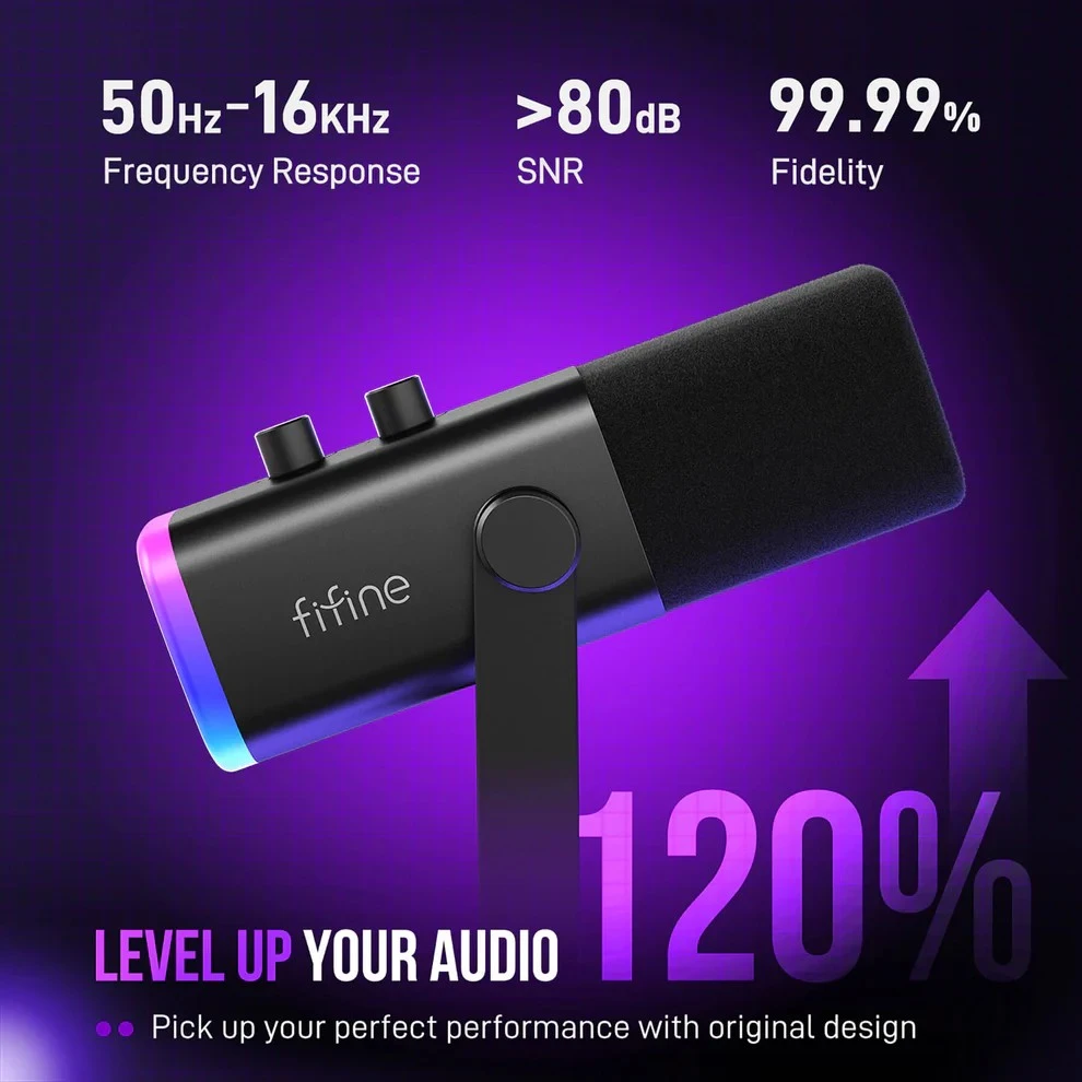FIFINE AmpliGame AM8T Juodas laidinis mikrofonas su stovu ir RGB apšvietimu | USB/XLR
