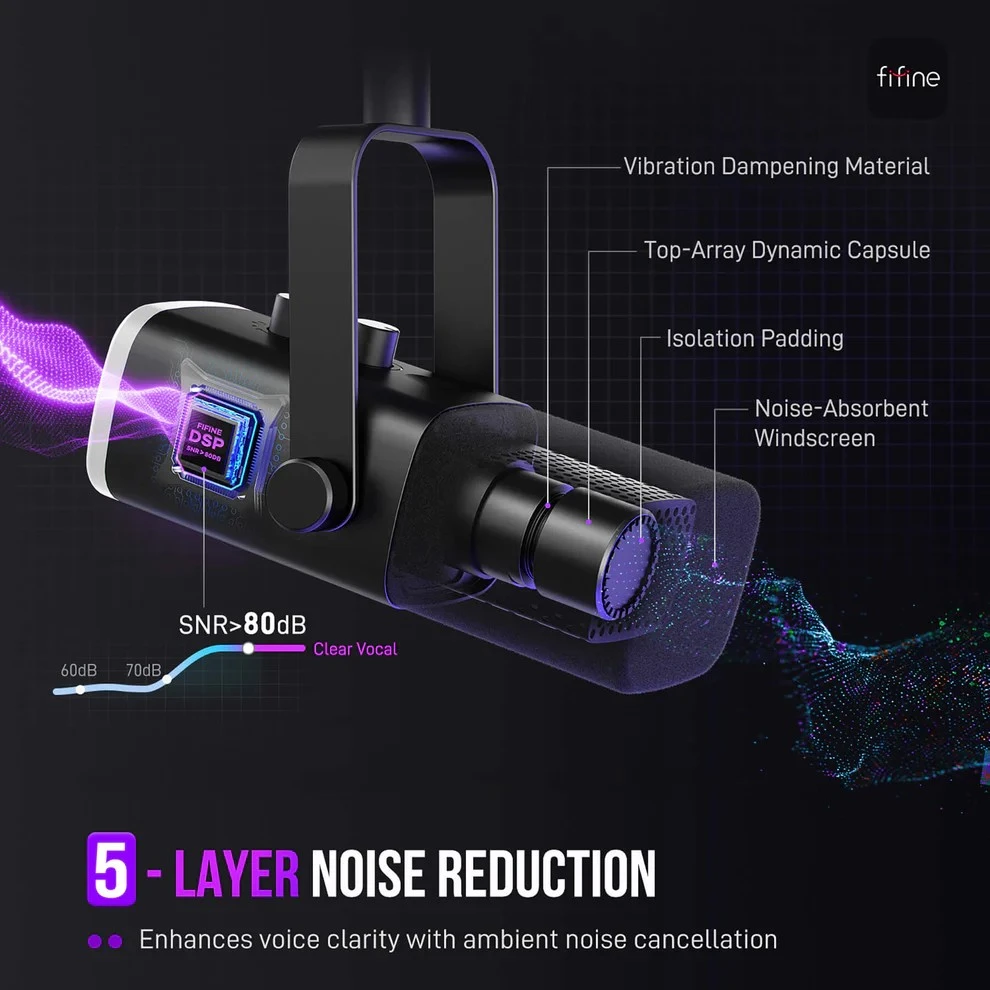 FIFINE AmpliGame AM8T Juodas laidinis mikrofonas su stovu ir RGB apšvietimu | USB/XLR