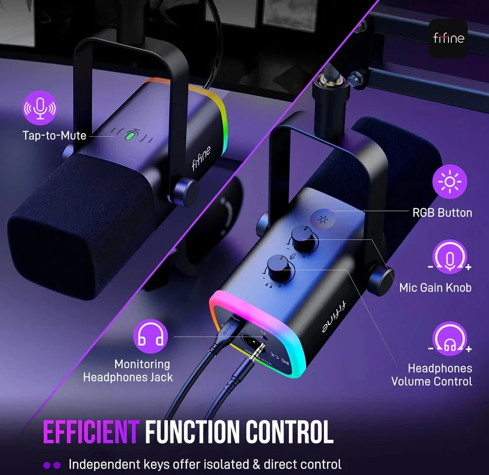 FIFINE AmpliGame AM8T Juodas laidinis mikrofonas su stovu ir RGB apšvietimu | USB/XLR