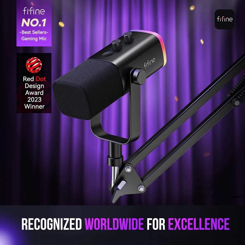 FIFINE AmpliGame AM8T Juodas laidinis mikrofonas su stovu ir RGB apšvietimu | USB/XLR