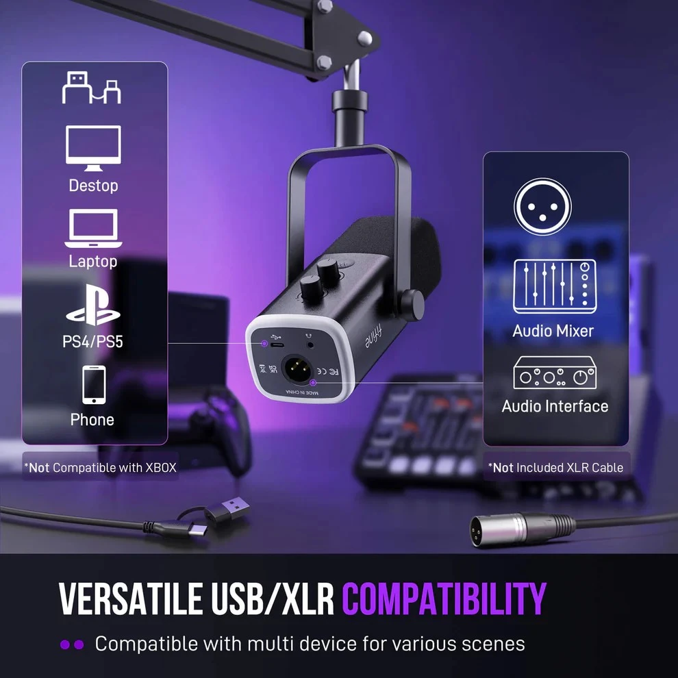FIFINE AmpliGame AM8T Juodas laidinis mikrofonas su stovu ir RGB apšvietimu | USB/XLR
